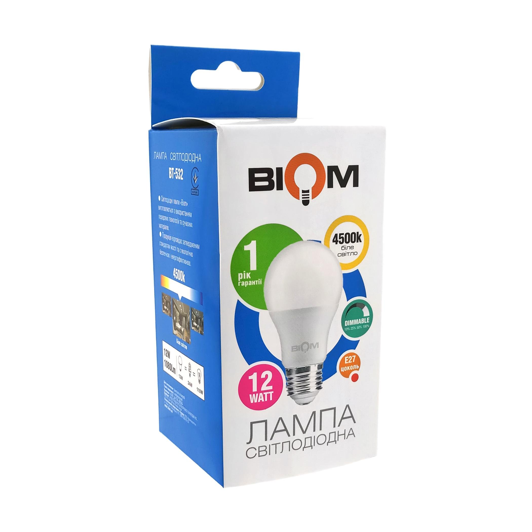 Светодиодная лампа BIOM BT-532 А60 12W E27 4500K (Груша) switch dimmable