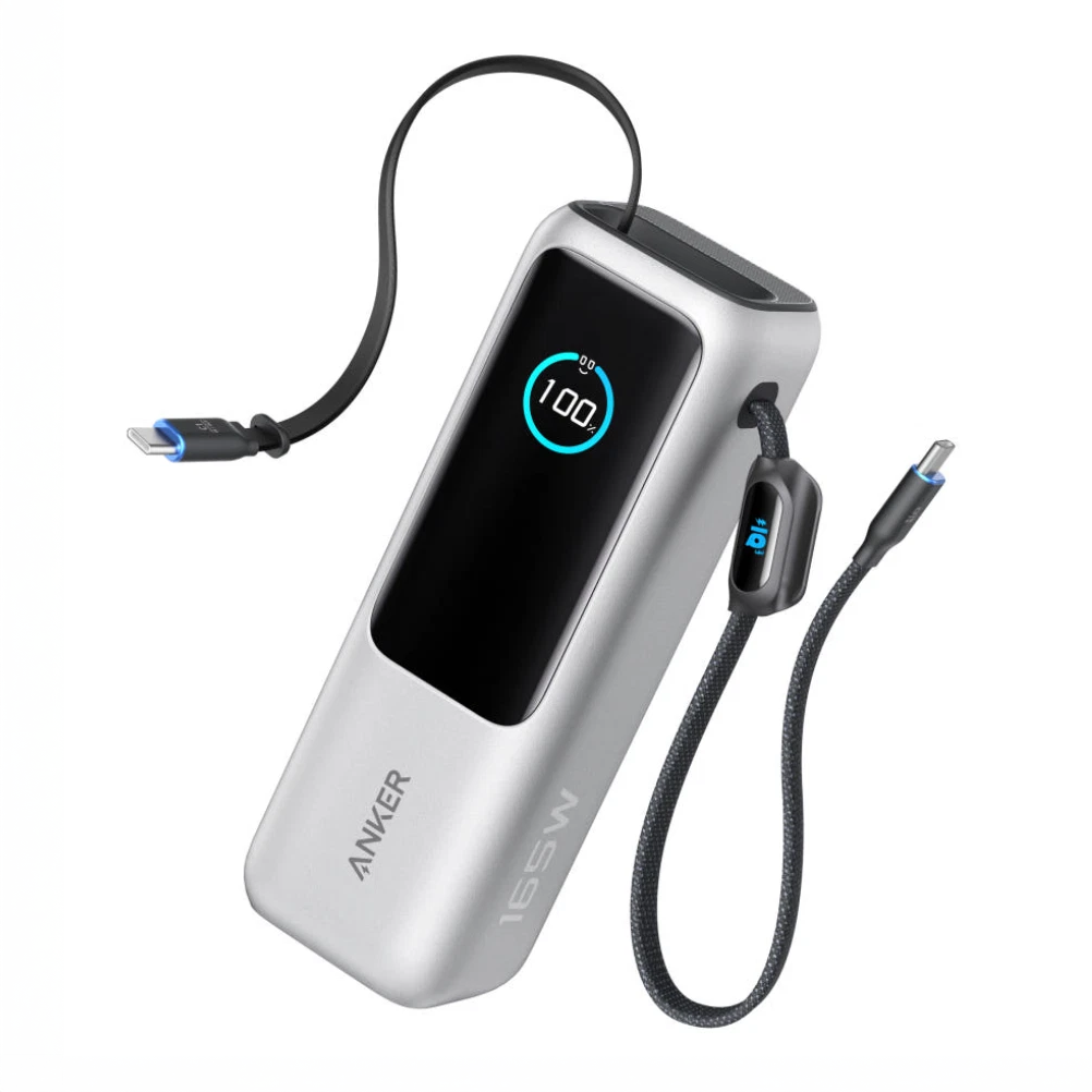 Повербанк Anker A1695 25000 mAh 165W на 4 выхода со встроенным и выдвижным кабелями USB-C Silver (001193)