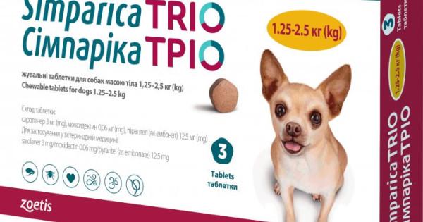 Жевательные таблетки против блох/клещей и гельминтов Zoetis Simparica TRIO для собак весом от 1,3 до 2,5 кг 3 табл.