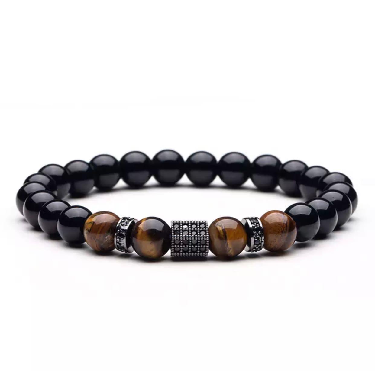 Браслет із агату та тигрового ока з багатогранником та дисками р. 16 (90064)