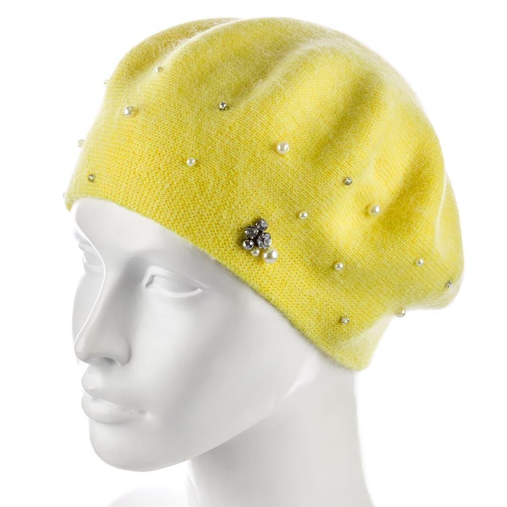 Берет женский Actrics WH767 из ангоры двойной с бусинами L/57-58 Желтый