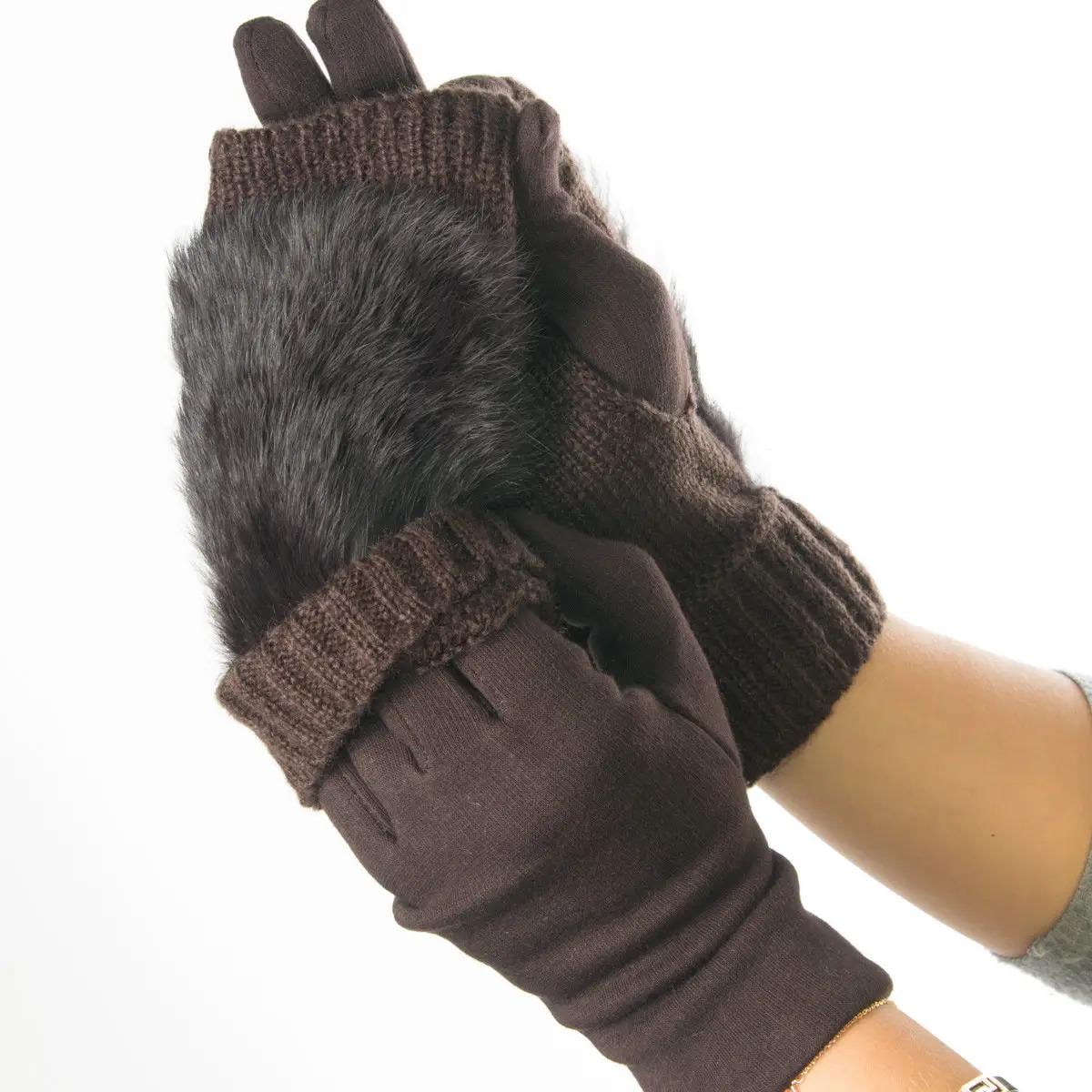 Перчатки женские текстильные с вязкой и вставкой из натурального меха L (№19-F10)