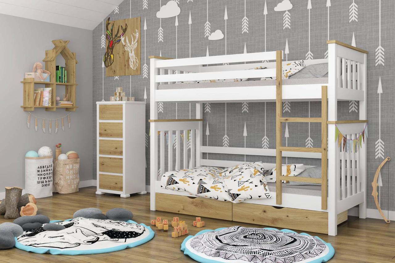 Детская двухъярусная кровать с ящиками Mebigrand Скандинавия Мини 90х200 см Белый RAL9003/Орех светлый (DMBG-2368)