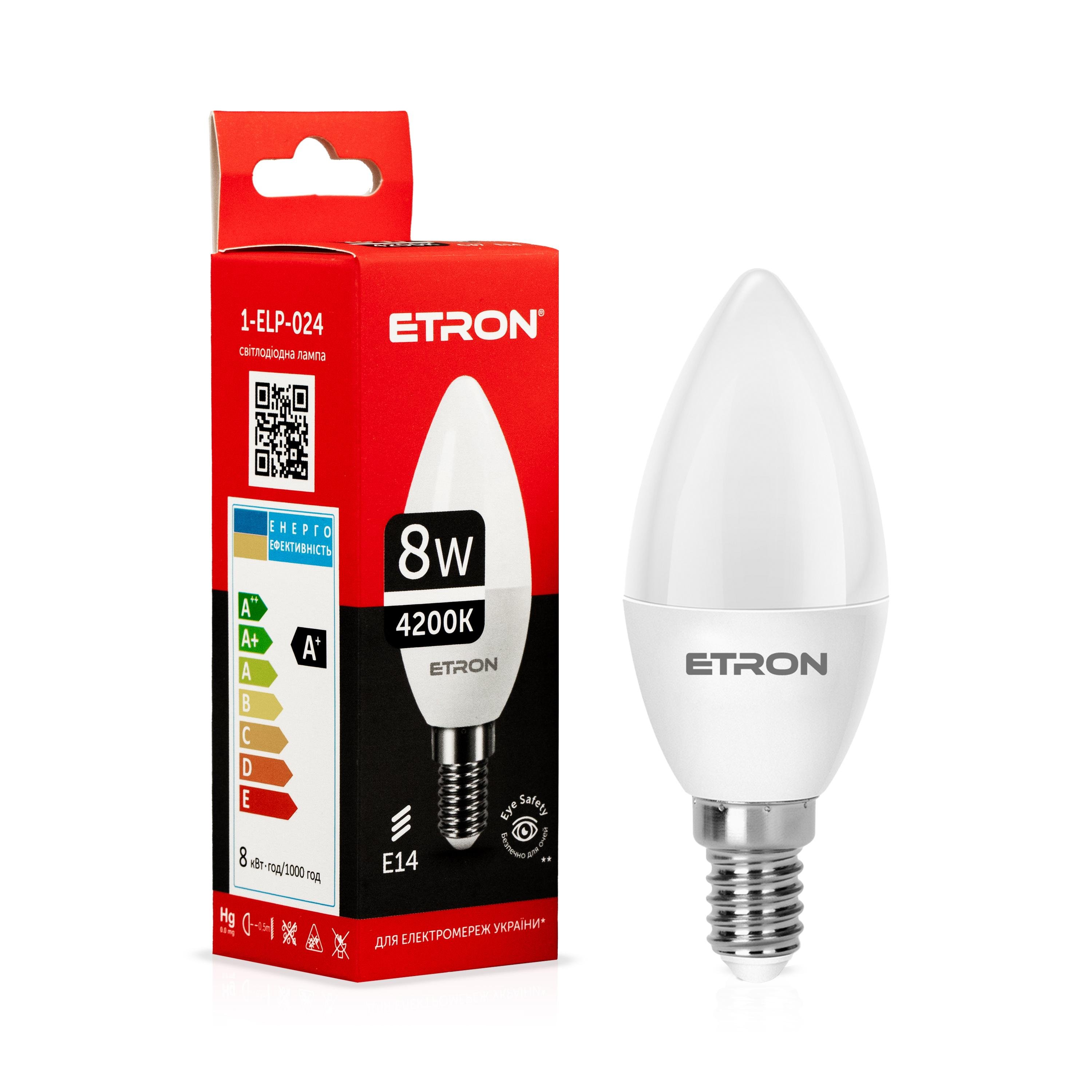 Світлодіодна лампа ETRON 8W C37 4200K 220 V E14 денне світло (1-ELP-024)