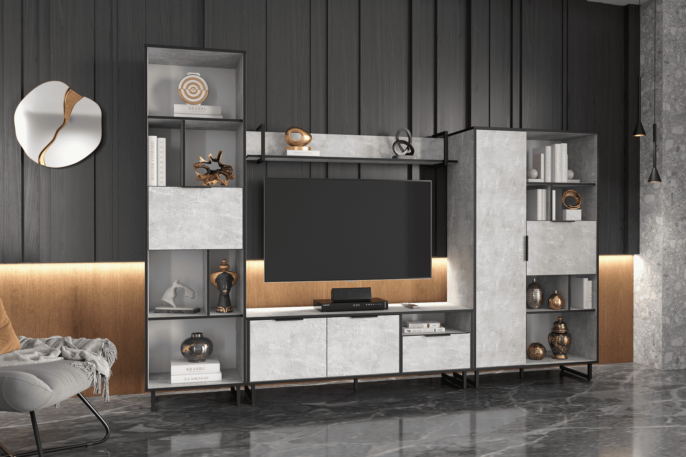 Стелаж для книг та декору Moreli F-0006 на металевих ніжках з двома дверцятами Бетон (F-0006-beton)