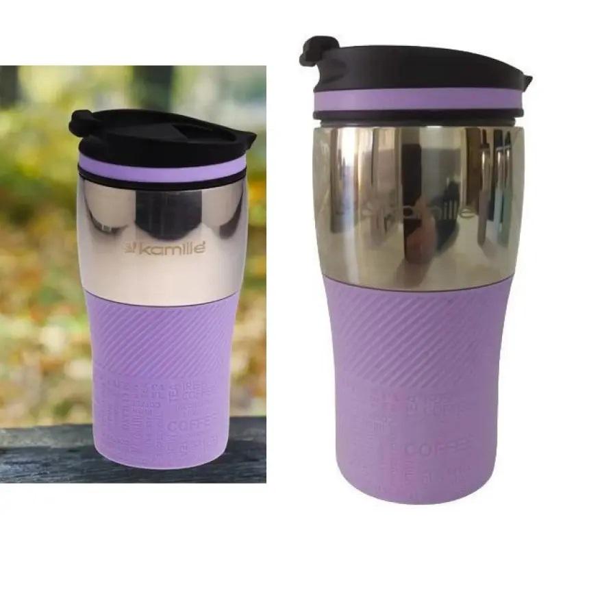 Термокружка с силиконовой TPR-вставкой Kamille KM-2155 из нержавеющей стали 320 мл Стальной/Фиолетовый (150-84-2155.1) - фото 2