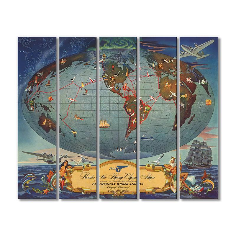 Винтажная карта Маршруты летающих кораблей 5 модулей 70x105 см