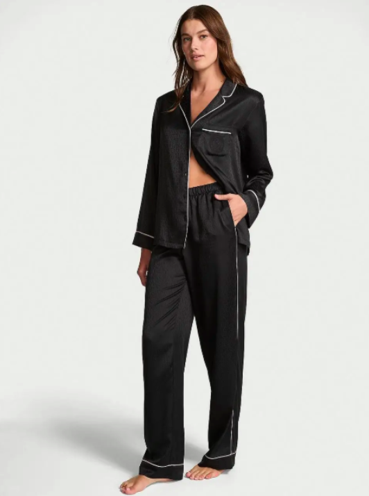 Піжама сатинова Victoria's Secret Glazed Satin Long Pajama Set сорочка та штани S Чорний