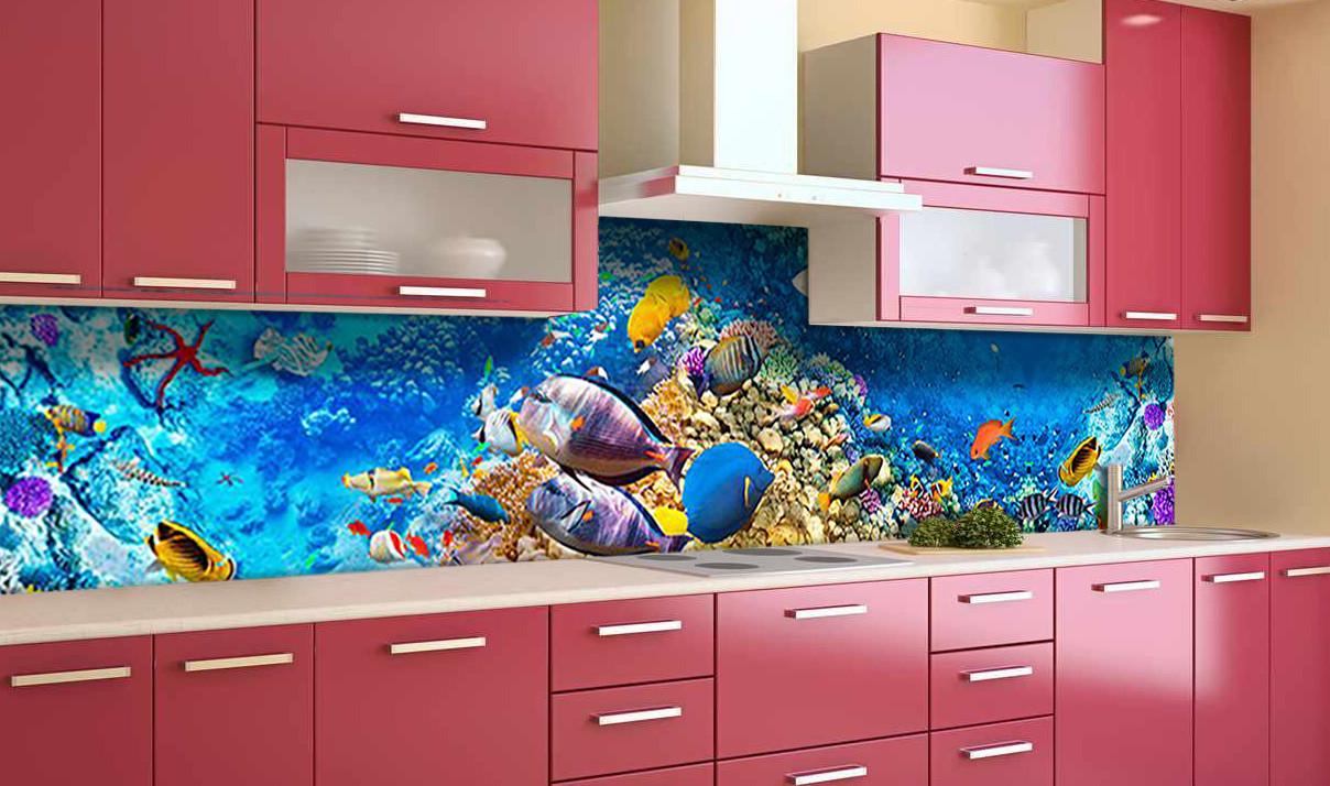 Кухонный фартук Тропические рыбы кораллы из самоклеющейся виниловой пленки 60х250 см Голубой