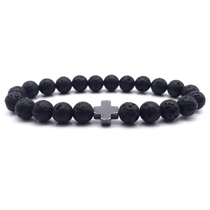 Браслет із лавового каменю з хрестиком р. 23 (18002)