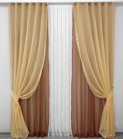 Комплект штор в гостиную/зал шифон 1,5x2,8 м 2 шт. Золотистый/Коричневый (005дк) Комплект штор в гостиную/зал шифон 1,5x2,8 м 2 шт. Золотистый/Коричневый (005дк)