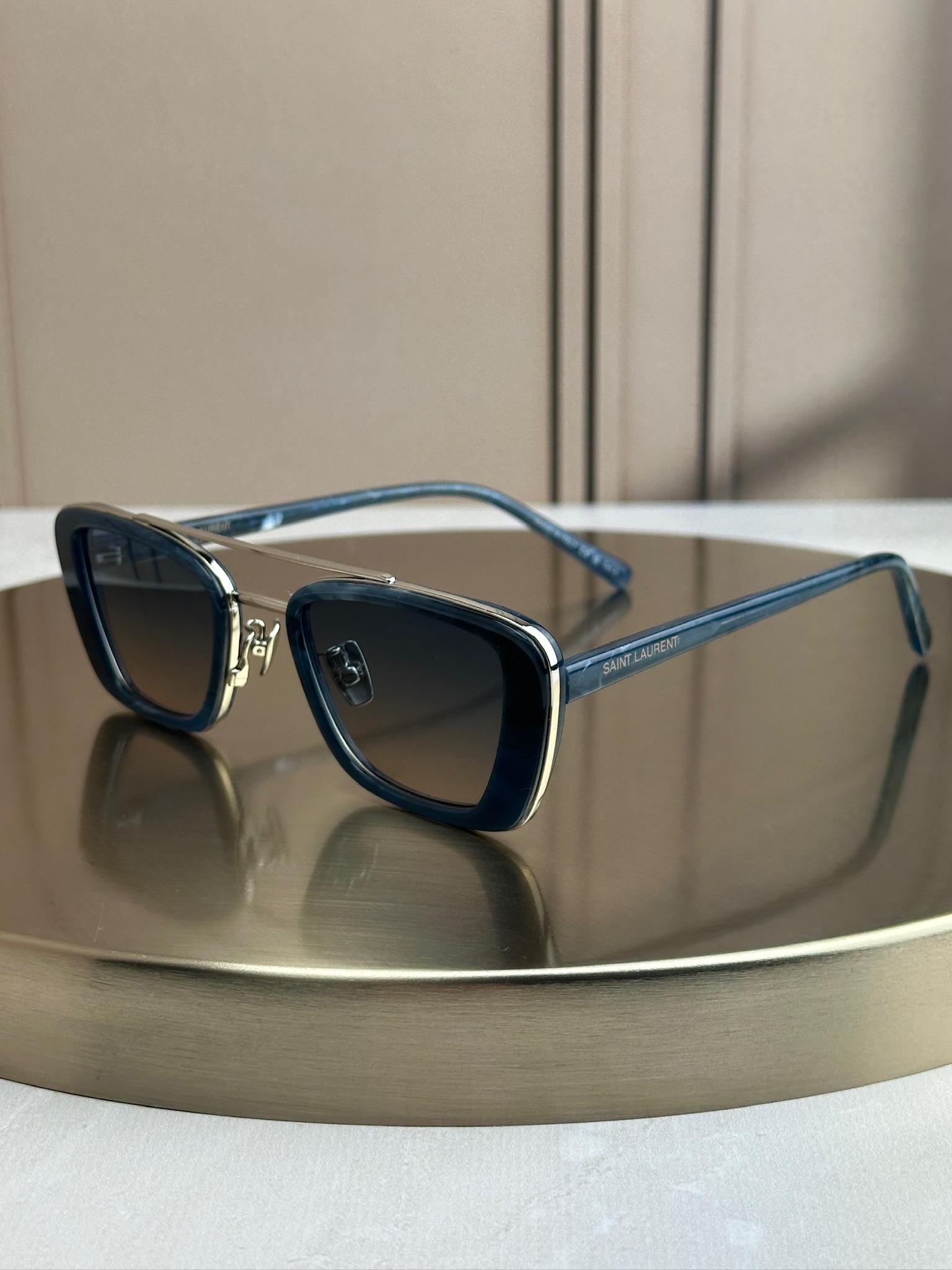 Солнцезащитные очки Saint Laurent SL 825 прямоугольные с двойным металлическим мостиком Синий мрамор (SL001001)