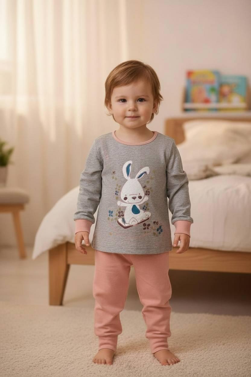 Піжама для дівчинки бавовняна BAYKAR р. 2 92-98 см 2-3 роки Сірий меланж з кораловим (9232-220)