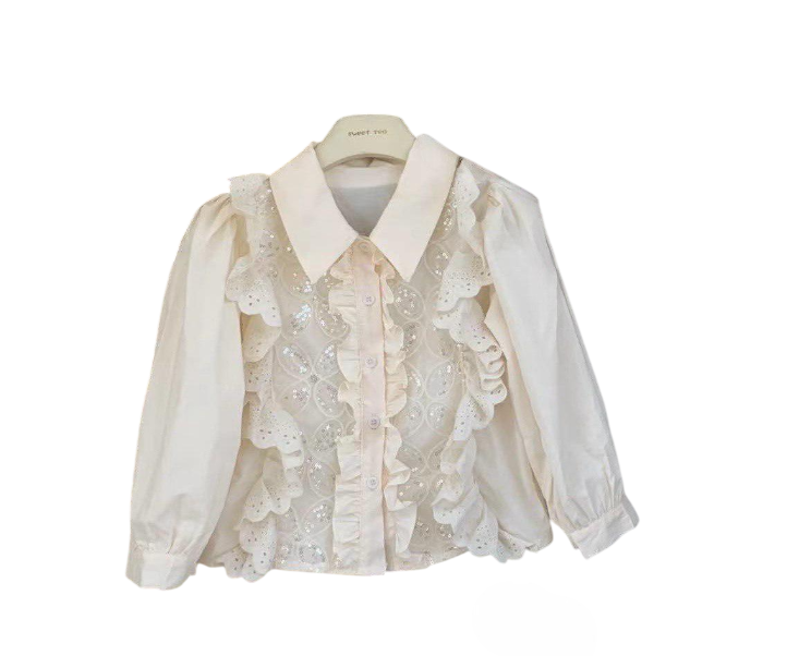 Блуза шкільна на дівчинку A Kids з довгими рукавами/з паєтками 122-128 см Кремовий (27224889)