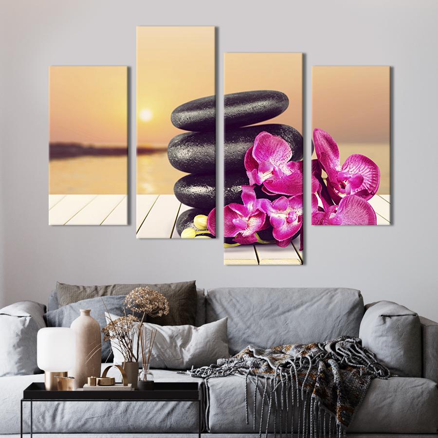 Модульная картина из 4 частей Пурпурная орхидея и камни на берегу моря 89x56 см (72-42)