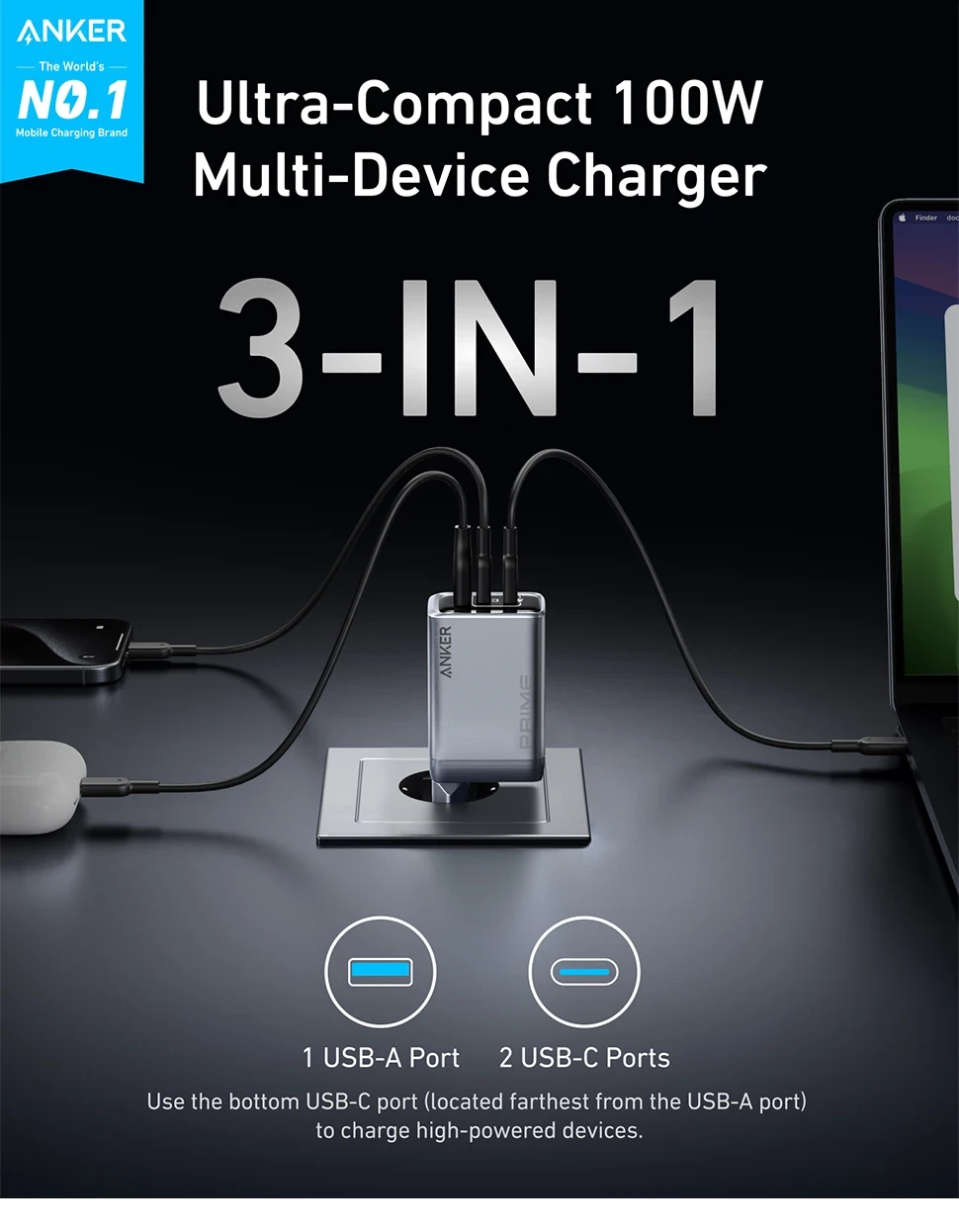 Зарядний пристрій складний Anker GaNPrime Charger 100W 2xUSB-C PD 1xUSB-A - фото 4