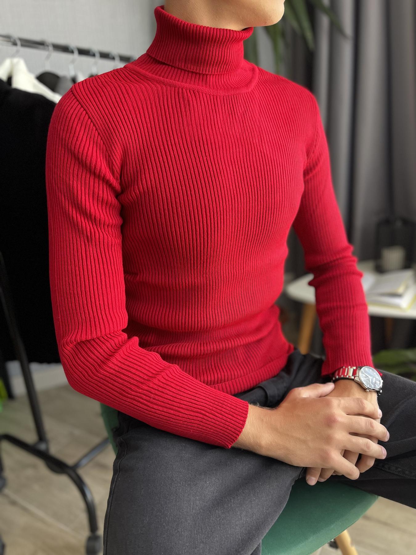 Гольф мужской с высокой горловиной в рубчик M Красный (26535/5/1) - фото 8