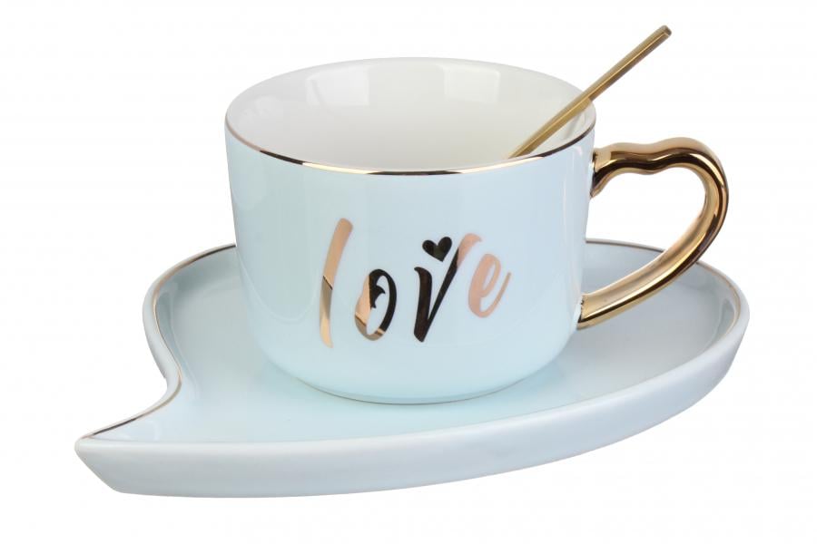 Чашка керамическая Love с блюдцем 170 мл Голубой (100009)
