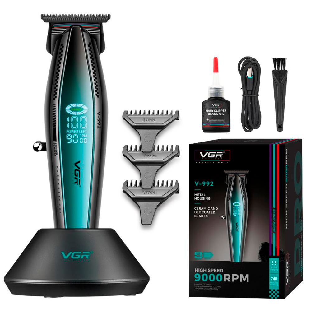 Тример акумуляторний VGR 3 насадки 9000 RPM/2000 mAh/LED дисплей Green (V-992)