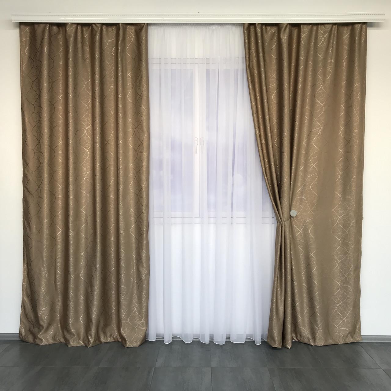 Шторы готовые из льна с рисунком с тюлем 150х270 см Кофейный (SHTN-M17-20)