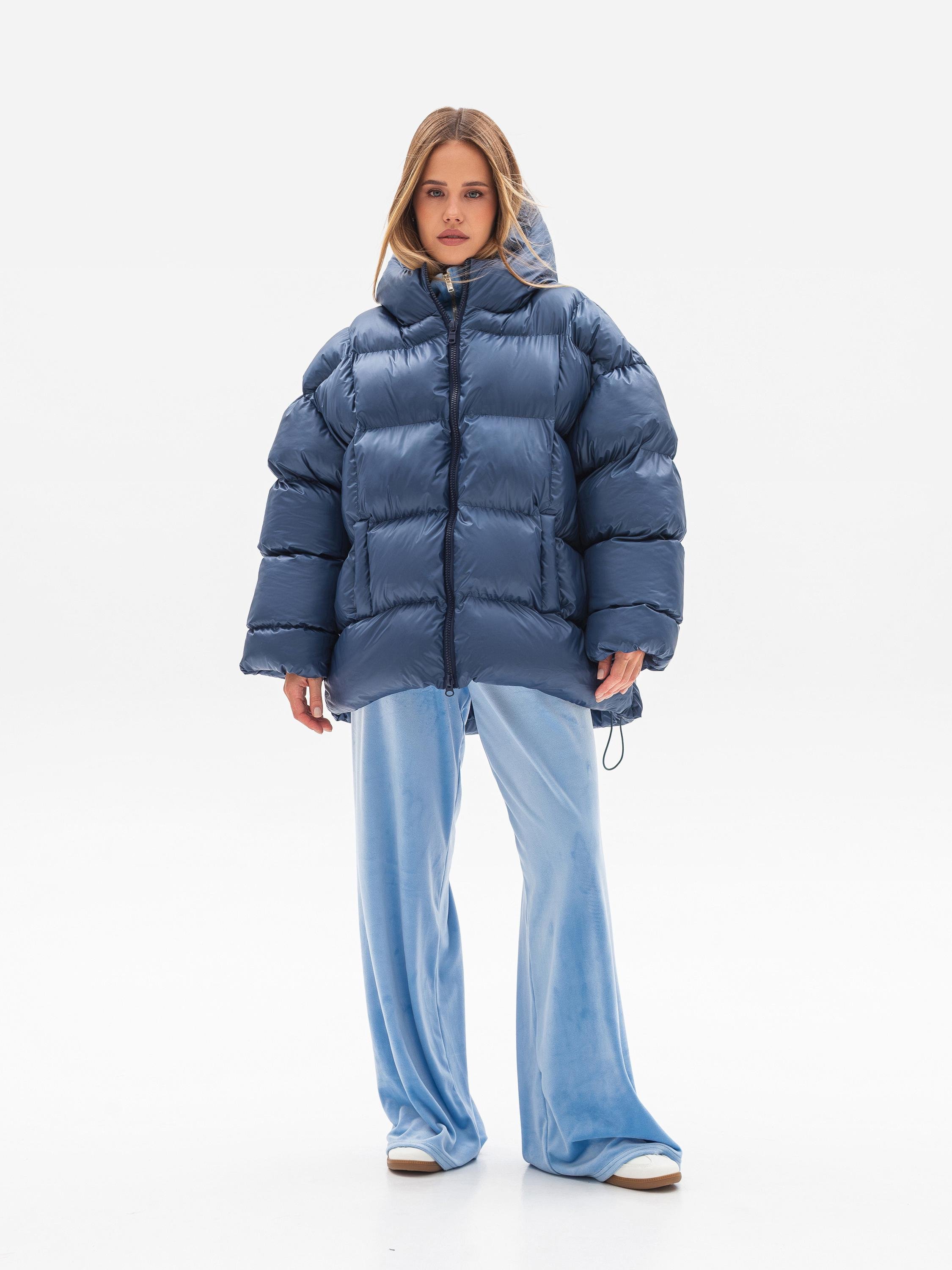 Пуховик женский сзади удлиненный Oversize S/M/L Blue (1011)