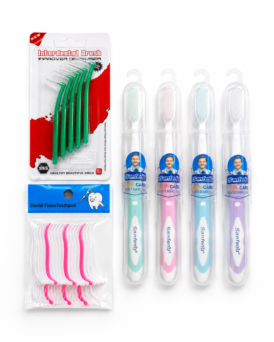 Набор для ухода за полостью рта 3в1 зубные щетки Sanfeng Soft Oral 4 шт./зубная нить-пик 20 шт. и межзубные ершики 701 (36322208)