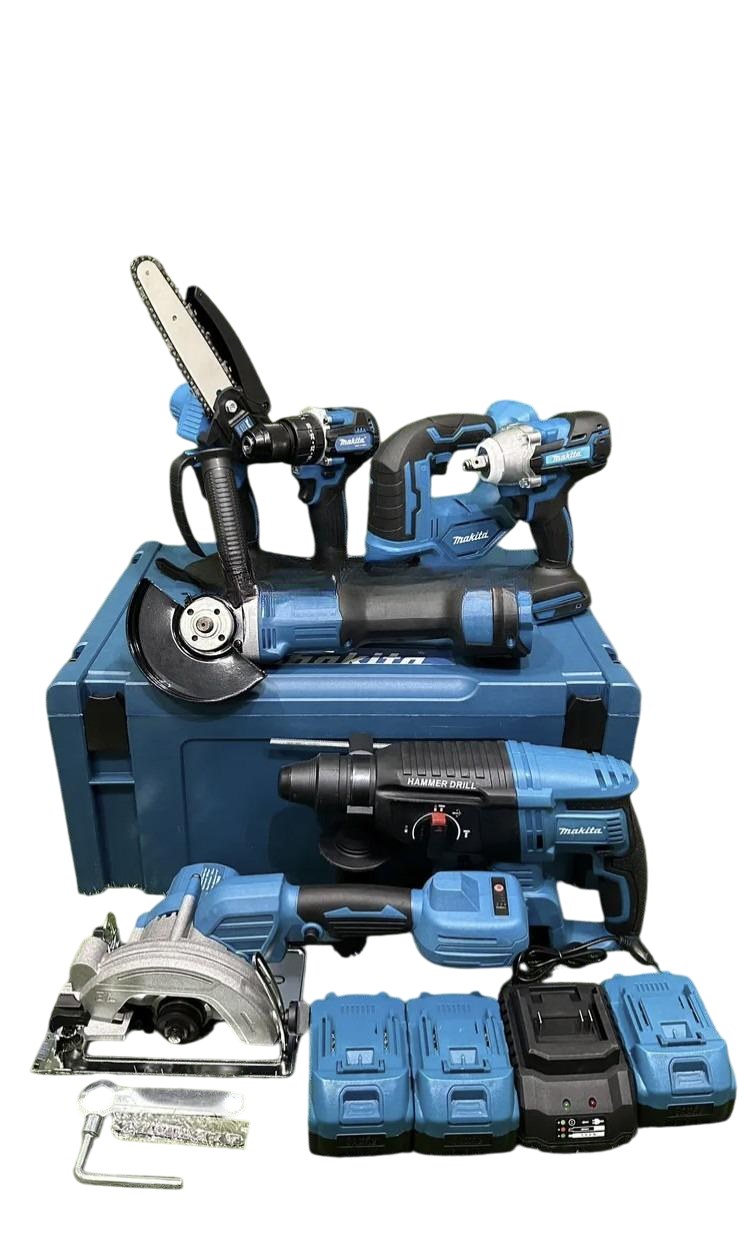 Набор аккумуляторных электроинструментов Makita 48V 7в1 Шуруповерт/Веткорез/Болгарка/Перфоратор/Гайковерт/Циркулярная пила/Лобзик 3 АКБ Черный