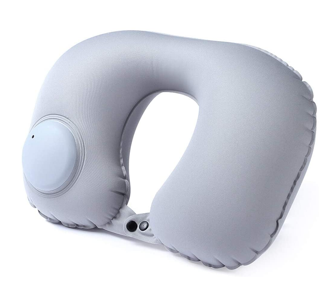 Дорожная подушка-подголовник Travel Neck Pillow на шею со встроенной помпой Серый - фото 1