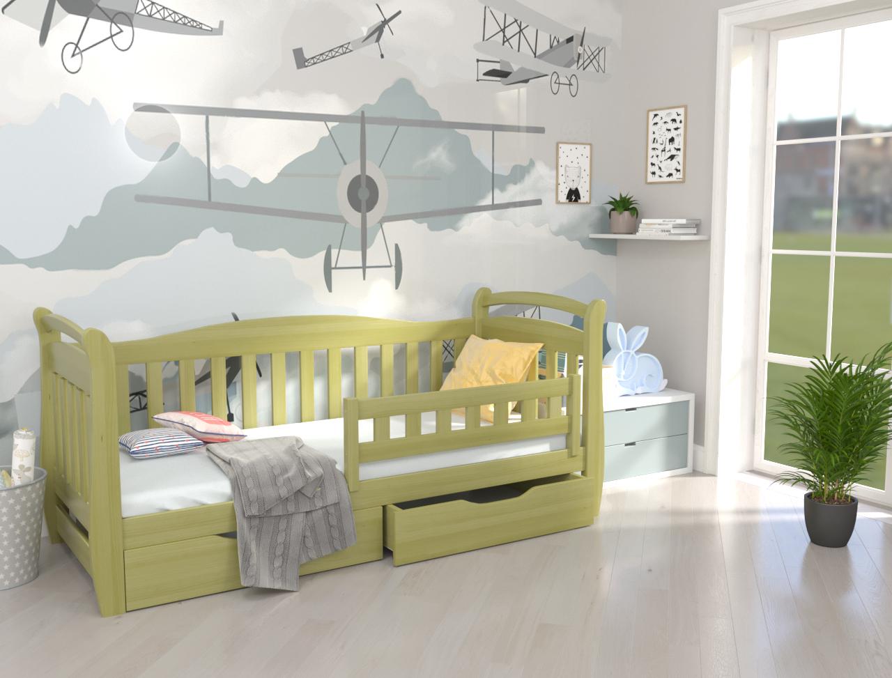 Кровать в детскую комнату Luna Доминик из натурального дерева с бортиком и ящиками 80х200 см Хаки (38674)