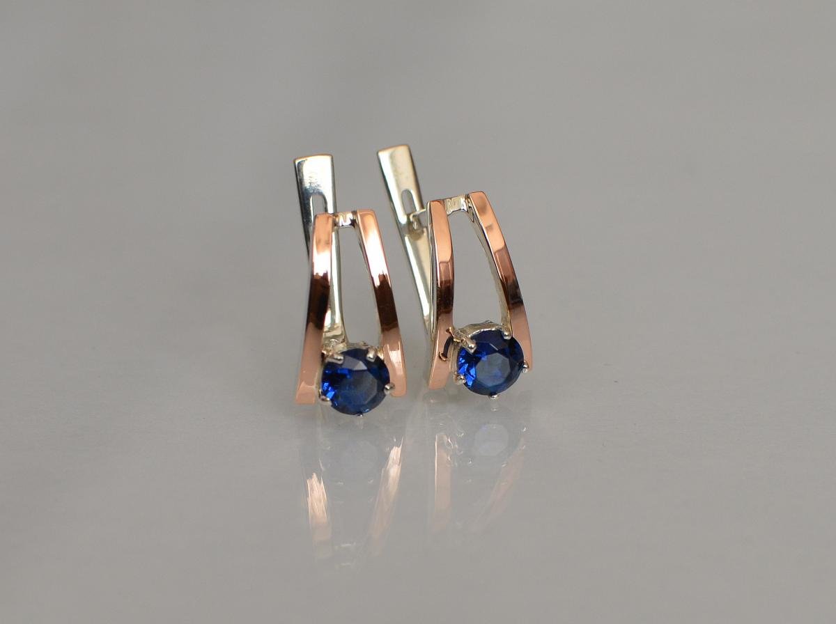 Срібні сережки з напайками із золота 004с Темно синій