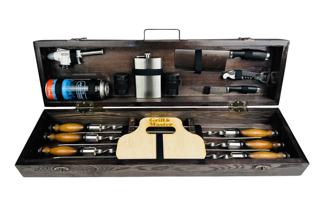 Подарочный набор шампуров ручной работы Кемпинг мини 19 предметов в кейсе 74х20х14 см Коричневый (124-10-KS-7708)