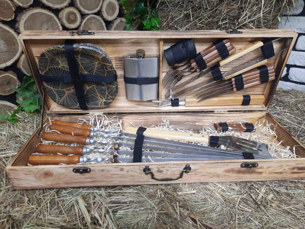 Набор шампуров для мяса с комплектом аксессуаров в деревянном кейсе 600х10х3 мм 6 шт. (12318143)