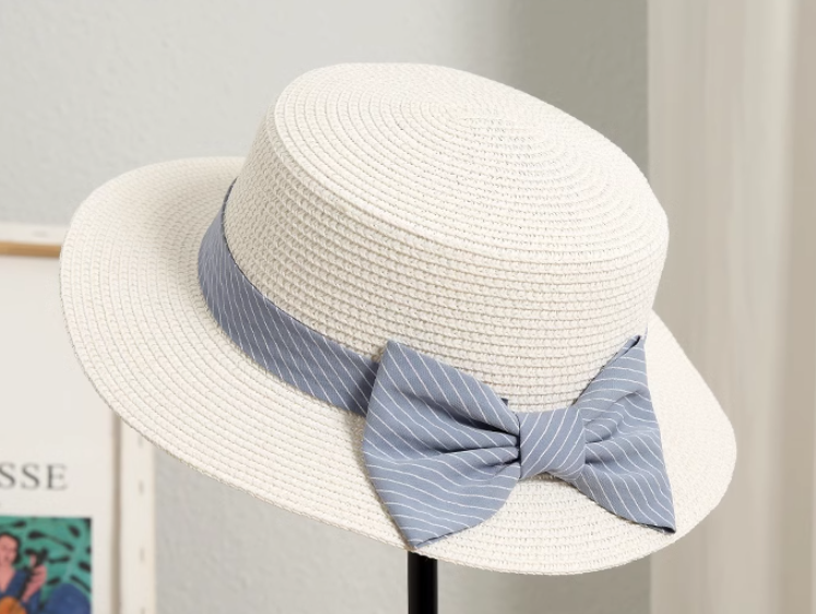 Шляпа соломенная канотье с голубым бантом 55-58 см Белый (35-137-1419-Б)