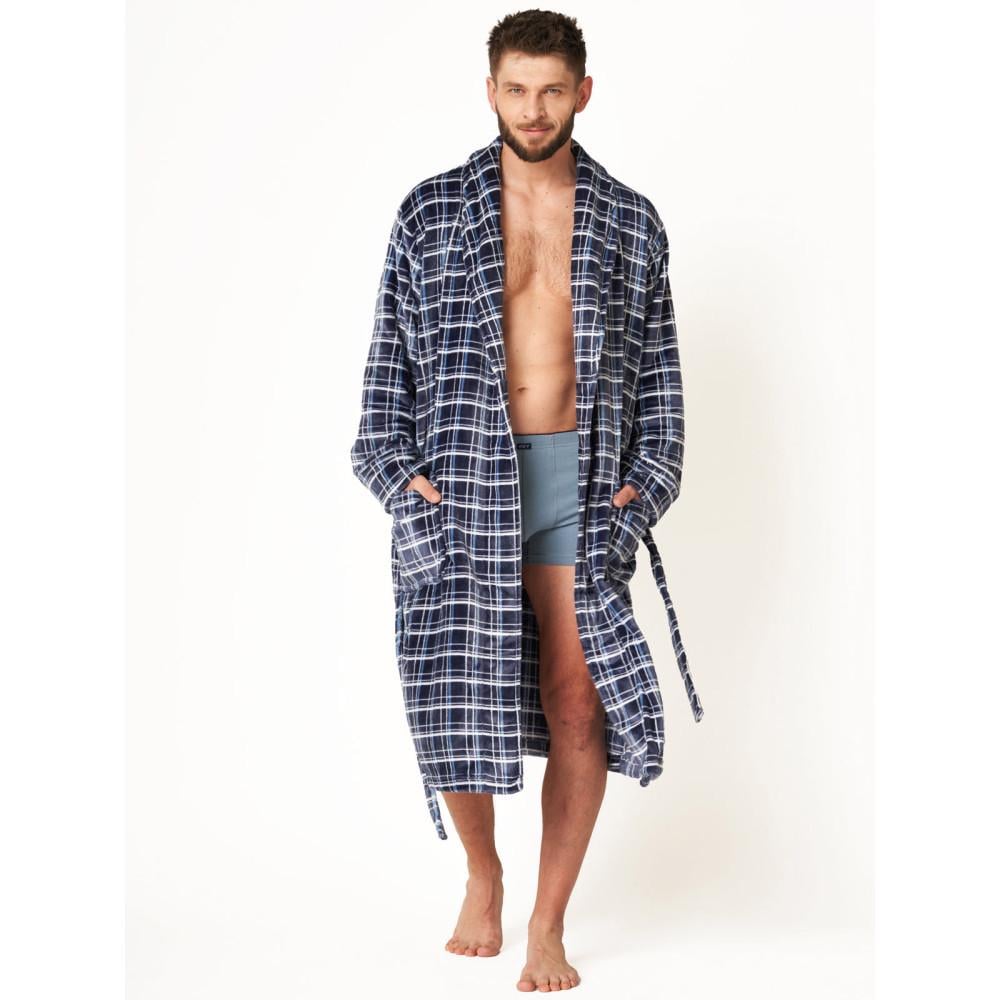 Халат мужской KEY MGL 432 на запах с шалевым воротником в клетку флисовый M/L Черный (2388044129) - фото 3