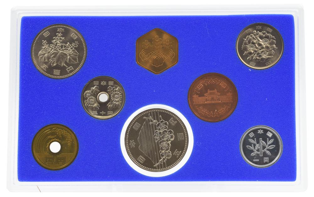Коллекционные монеты Япония 8 шт. 1985 UNC Год Быка 1/5/10/50/100/500/500 иен памятная медаль (М21325)