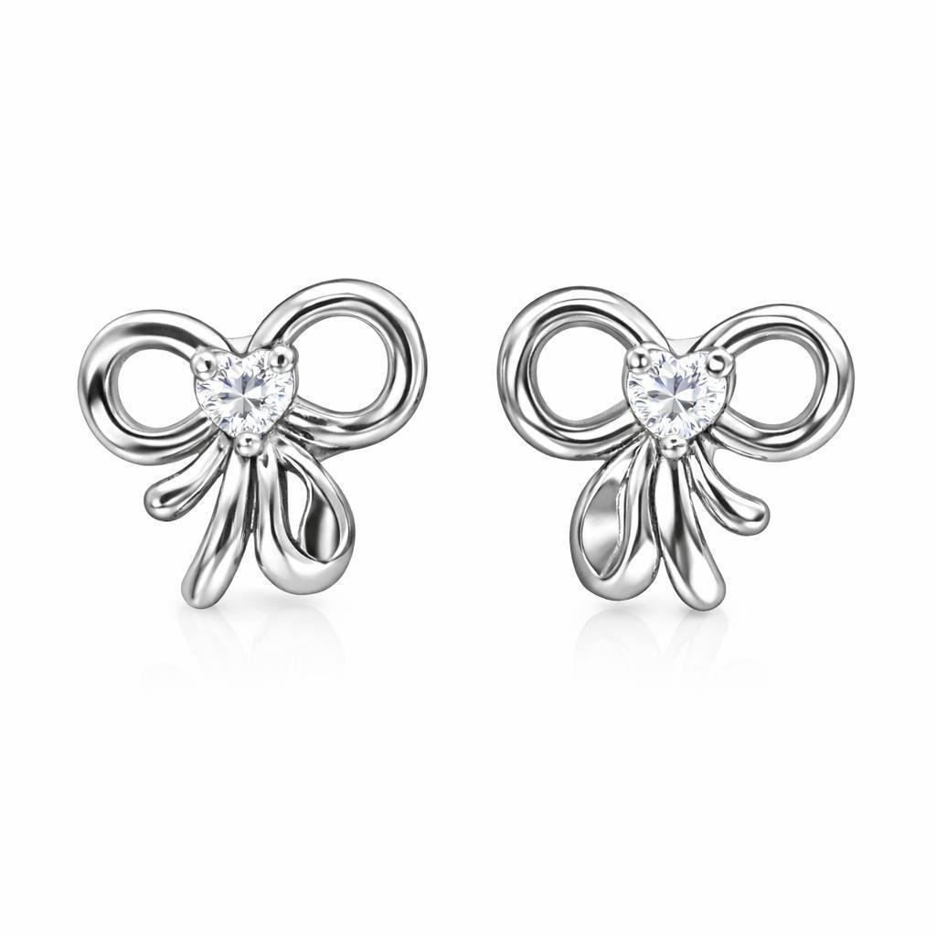 Серьги-бантики с камешком в виде сердца Серебристый (2930829924)