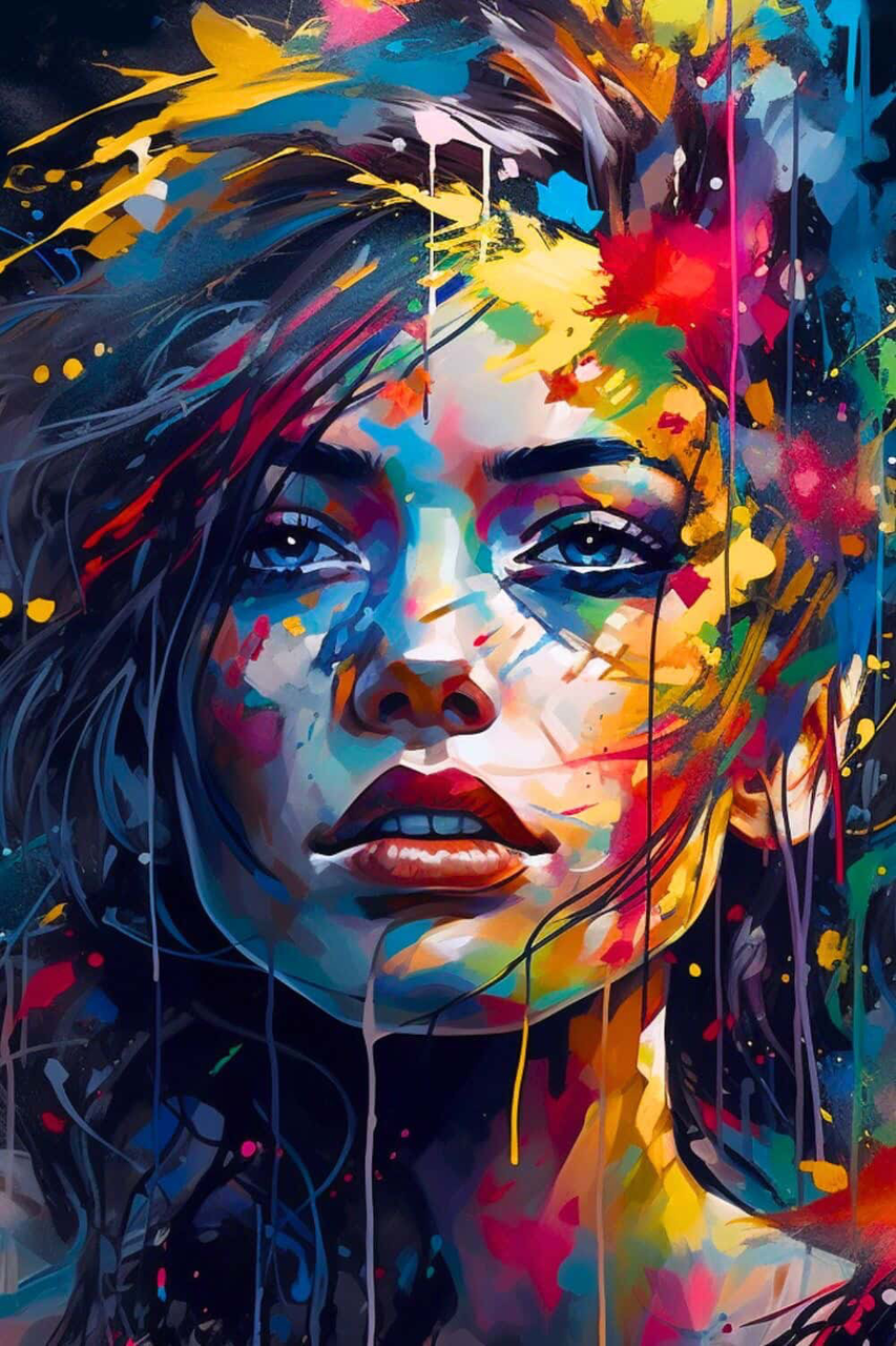 Алмазна мозаїка Дівчина у фарбах повна викладка квадратні камені без підрамника 40х60 см