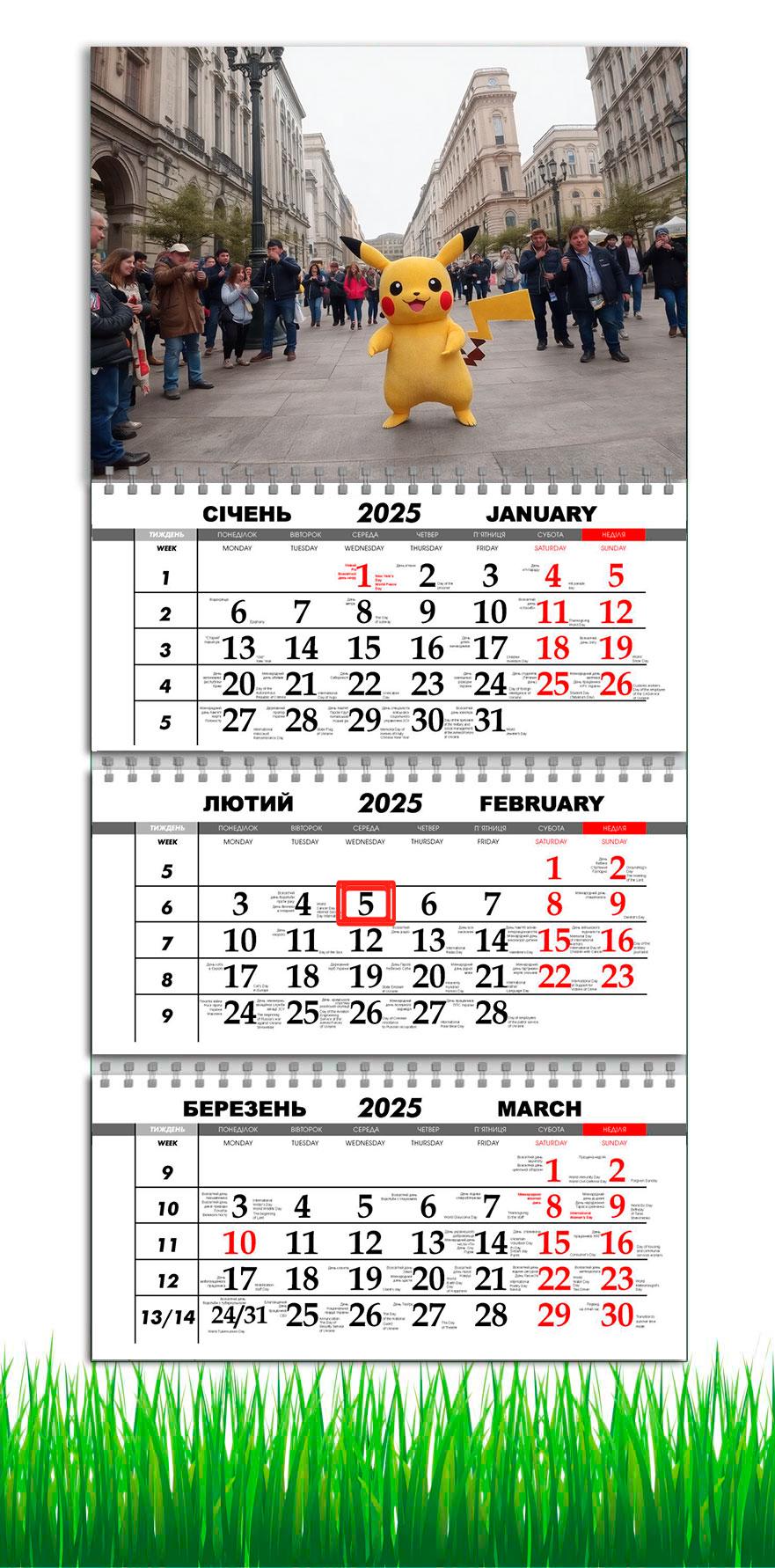 Календарь настенный квартальный на 2025 год APRIORI Пикачу/Покемон на 3 пружины 30х61 см (UA2989)