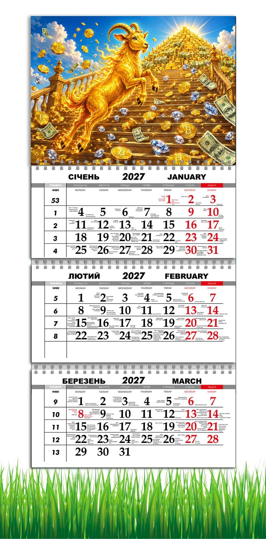 Календарь настенный квартальный на 2027 год APRIORI символ года Коза 30х61 см (37216406)