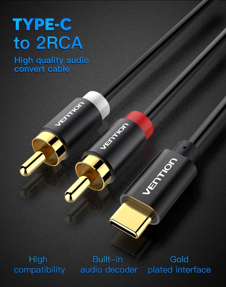 Кабель Vention Type-C-2RCA стерео тюльпани-USB-C Hi-Fi звук AUX DAC ЦАП 1,5 м Чорний (BGDBG) - фото 2