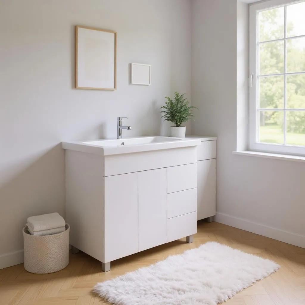 Тумба для ванної кімнати з 3 висувними ящами і двома дверима з прямокутним умивальником 80 см (2483)