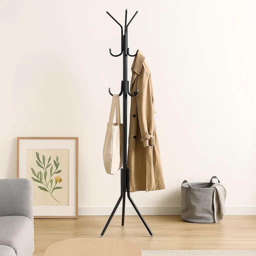 Вішалка для одягу підлогова з гачками для одягу капелюхів та аксесуарів металева 173 см Чорний