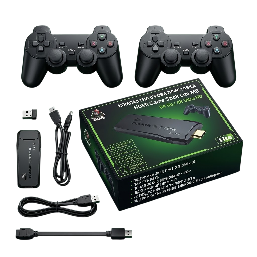 Ігрова приставка HDMI Game Stick Lite M8 64 GB 4K Ultra HD 20000+ ігор 2 бездротові геймпади Wi-Fi (2179607707)