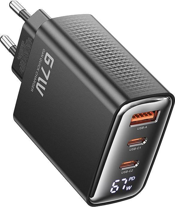Зарядний пристрій Toocki TCT67-22EU 67W GaN PPS PD3.0 QC4/LED Display порти USB/2Type-C Black (43566)