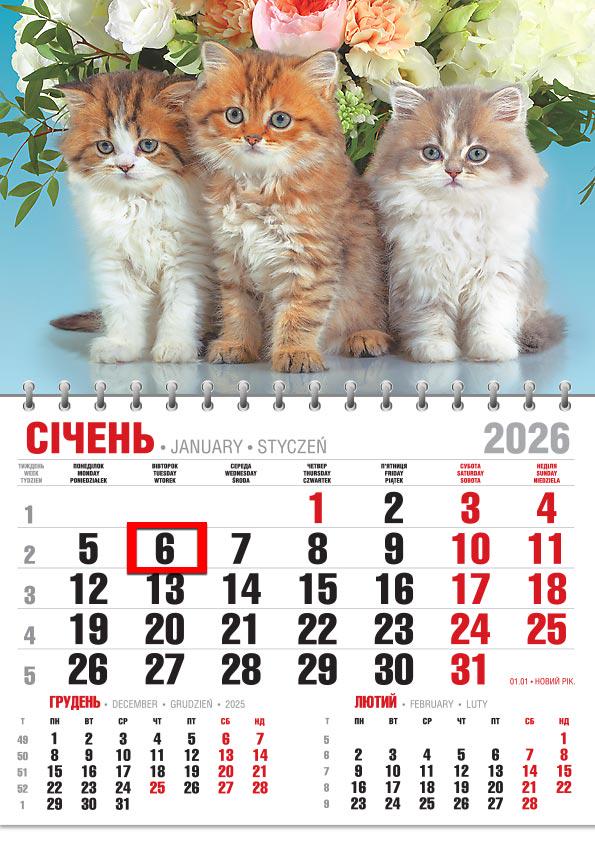 Календар на 2026 р. Офісний економ Тріо котиків та букет квітів Календар на 2026 р. Офісний економ Тріо котиків та букет квітів