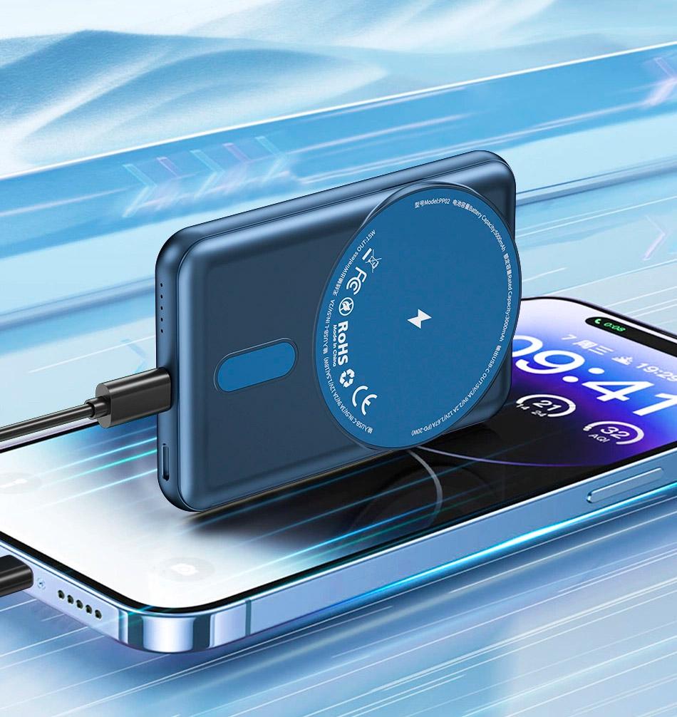 Внешний аккумулятор WiWU Trunk Series Magnetic PP02 Wireless Charger 5000 mAh 20W Blue - фото 5 Внешний аккумулятор WiWU Trunk Series Magnetic PP02 Wireless Charger 5000 mAh 20W Blue - фото 5