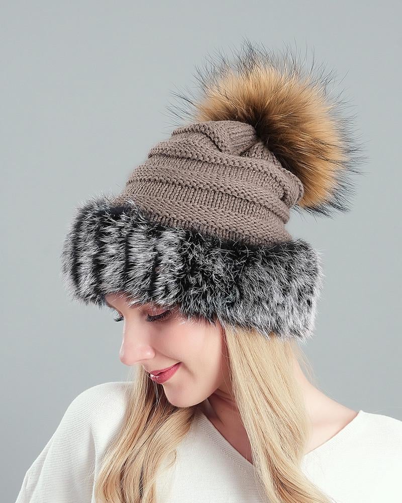 Шапка женская Manzoni с помпоном и мехом кролика Серо-черный (1308)