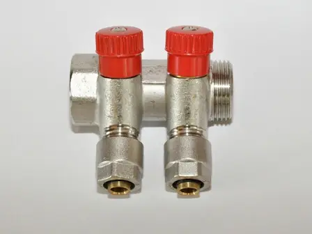 Колектор з кранами Aqua-World 2 виходи 1дx16 мм розбірний фітинг Pexal Red (ТК209-2К)