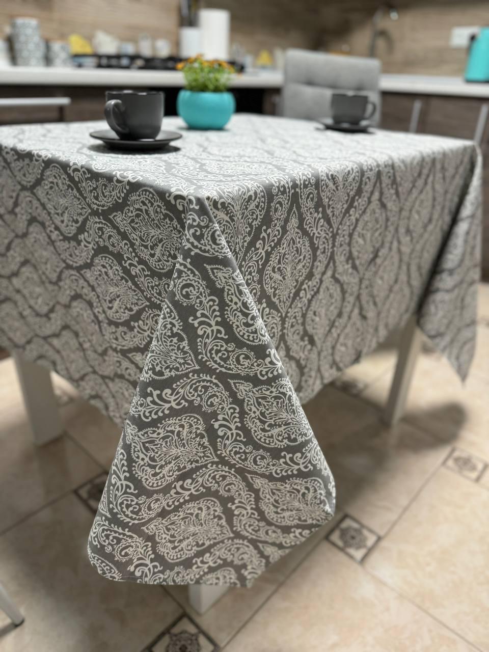 Скатерть Узоры с тефлоновым покрытием хлопковый влагоотталкивающая 120x175 см Серый (14961838)