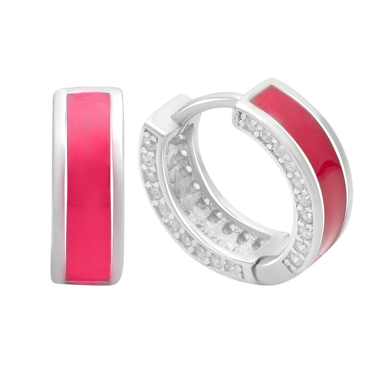 Срібні сережки-кільця з червоною емаллю та фіанітами Срібні сережки-кільця з червоною емаллю та фіанітами